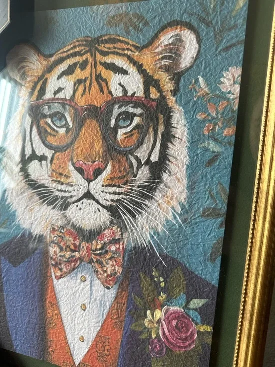 Framed Tiger Portrait Wall Art Tiger in Blue Suit Bow Tie Glasses Gold Frame NWT - Picture 3 of 4